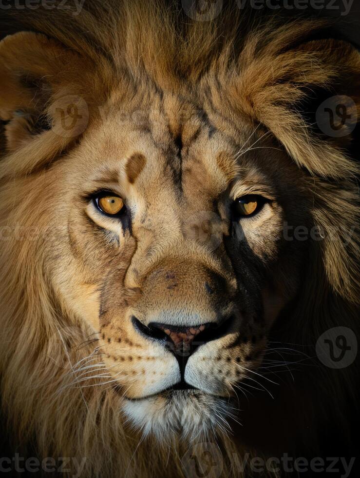 Majestic lion gazes directly into the camera with powerful presence in natural habitat photo