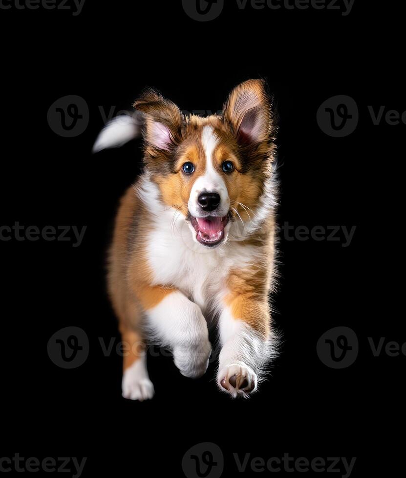 Happy puppy running joyfully through a dark space with excitement and energy photo
