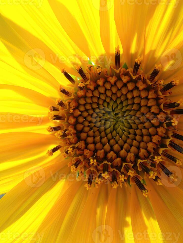 Bright yellow sunflower in full bloom showcasing intricate details of its center photo