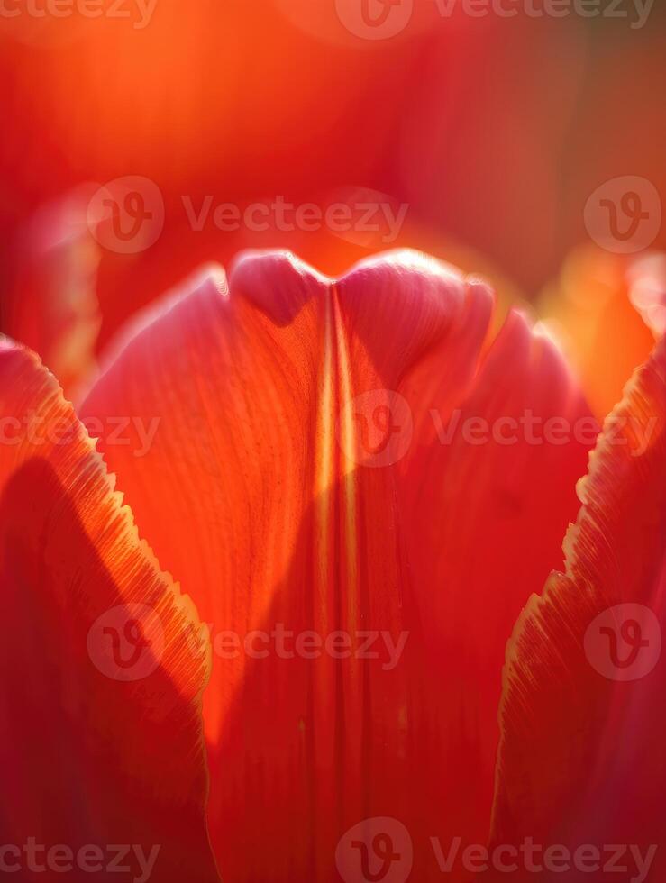 Vibrant tulip petals illuminated by sunlight in a garden setting during spring season photo