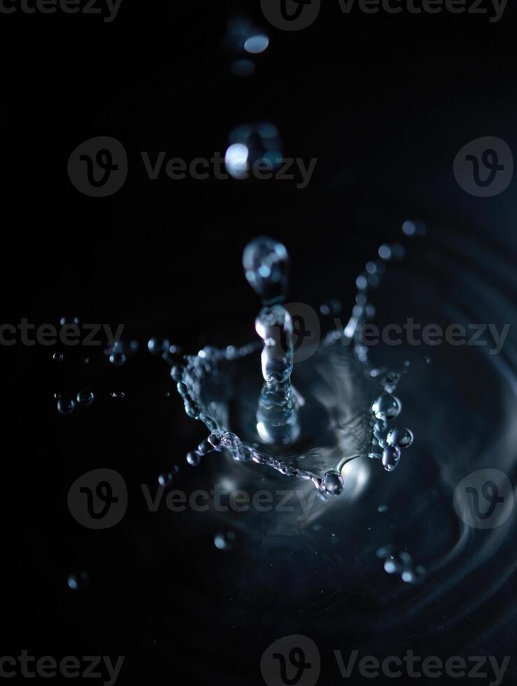 Water droplets create ripples and splashes in dark surroundings during nighttime experiment photo