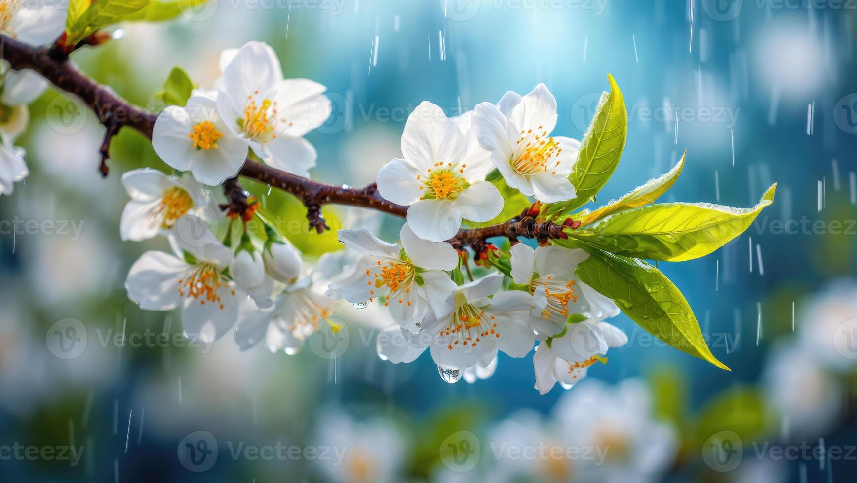 Blossoms drenched in rain on a branch during a spring afternoon photo