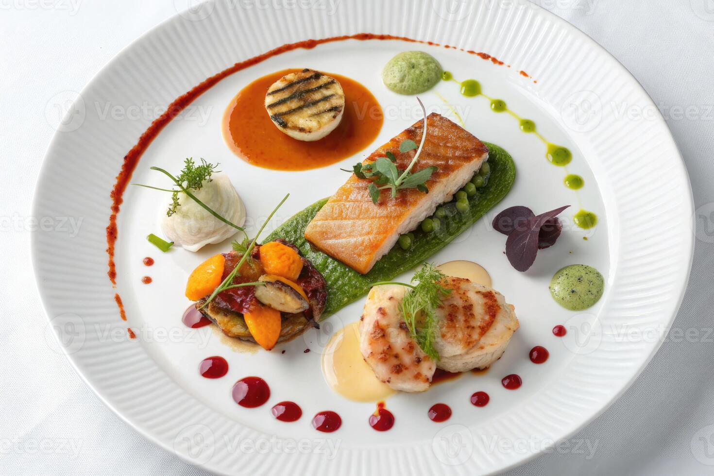 Exquisite gourmet dish featuring perfectly grilled salmon and artfully arranged vegetables on a plate. photo