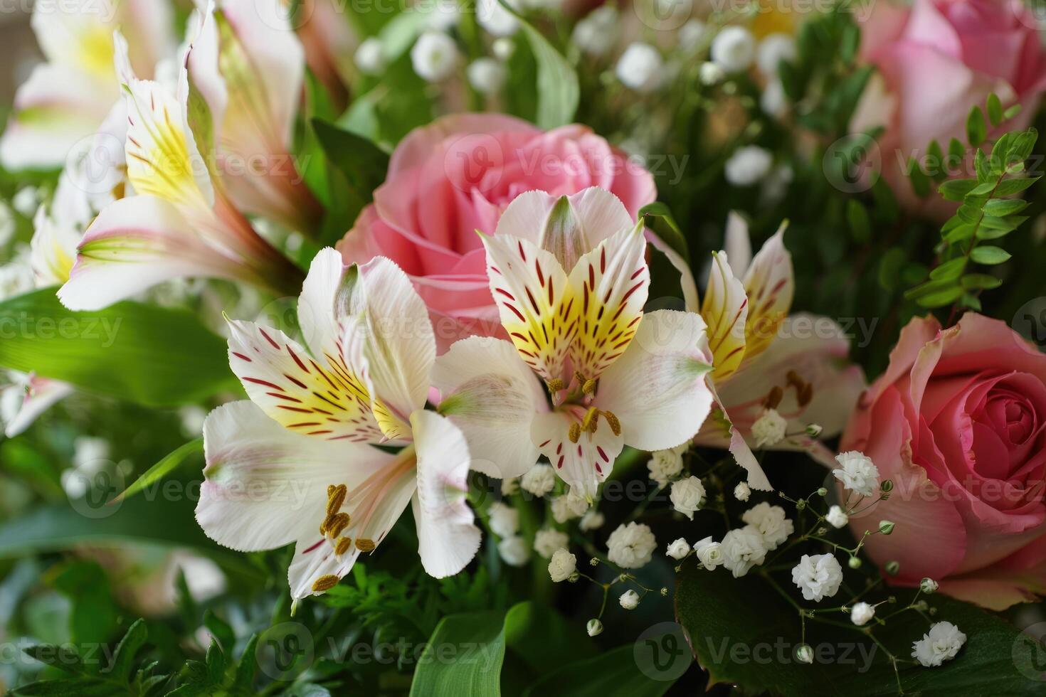 Flower arrangement featuring pink roses and delicate white alstroemeria in a vibrant bouquet photo