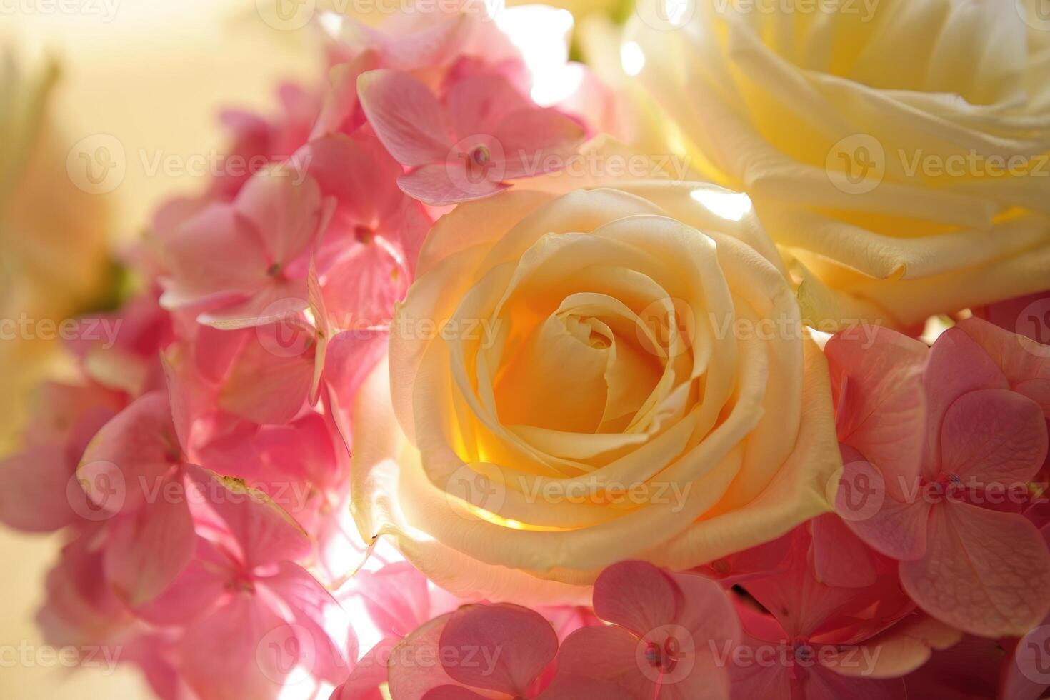 Colorful bouquet of pink and yellow flowers in soft natural light photo