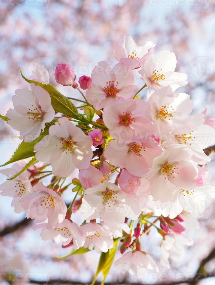 Cherry blossom trees in full bloom during spring with vibrant pink flowers photo