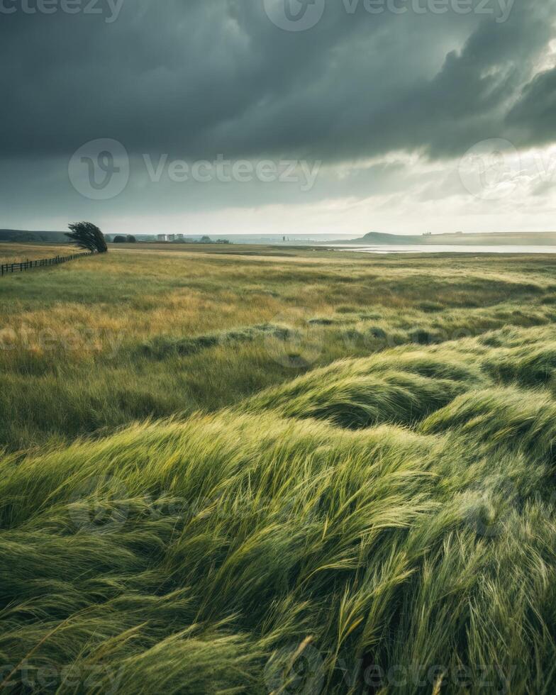 Grassy field rippling as strong gusts create wave like patterns across the landscape photo
