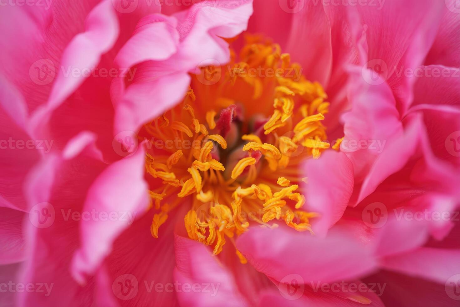 Vibrant pink peony flower showcasing intricate yellow stamen in bloom photo
