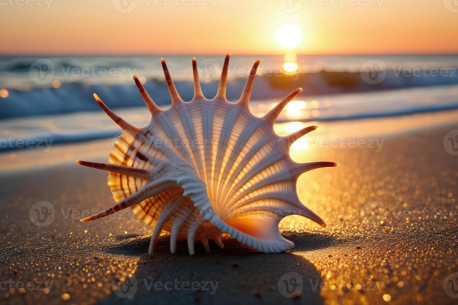 Sunset over the ocean with a conch shell resting on the sandy beach photo
