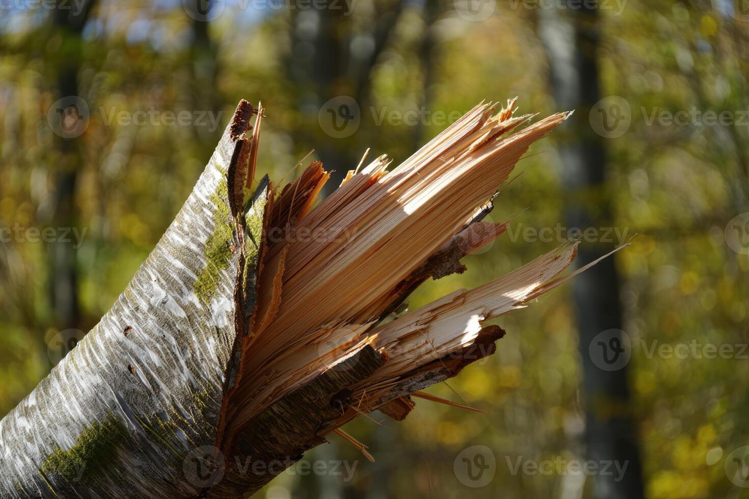 Splintered tree trunk reveals inner wood against a backdrop of green forest photo