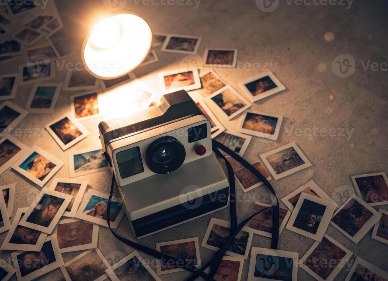 A vintage Polaroid camera surrounded by instant photographs under a warm, inviting light. photo