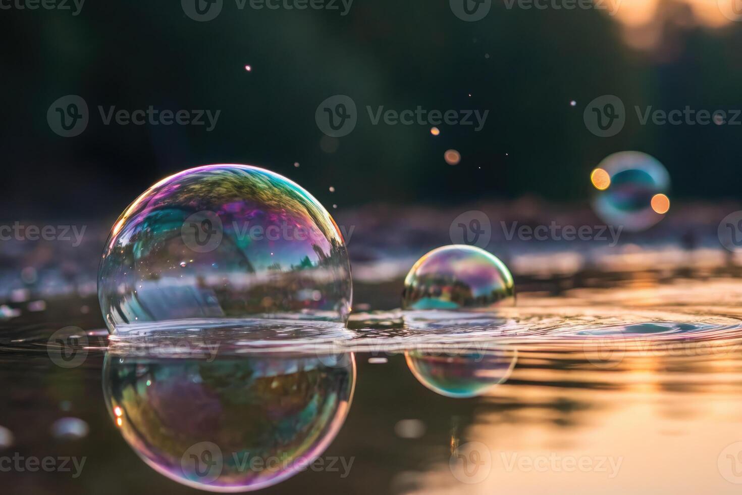 Vibrant bubbles float above the water with colorful, mesmerizing reflections during sunset. photo