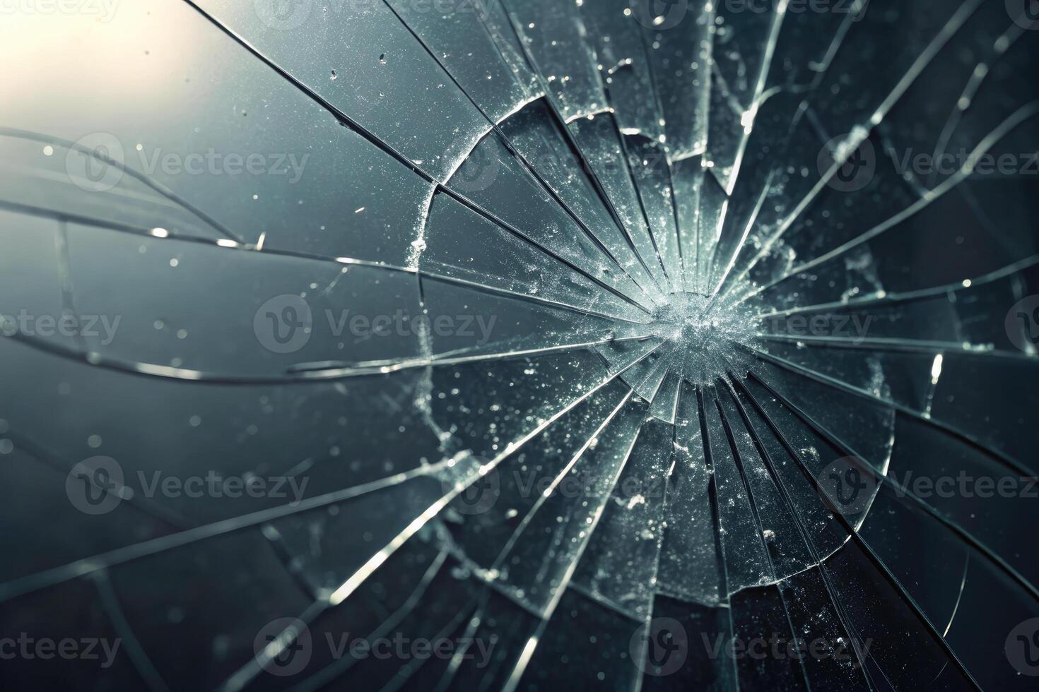 Close-up view of shattered glass, highlighting cracks spreading from a central impact point. photo