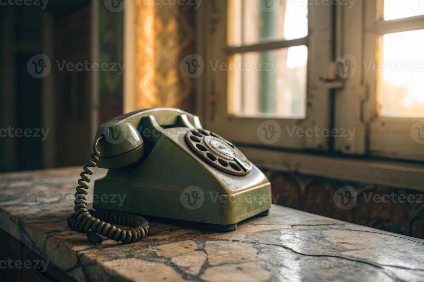 An aged rotary phone on a marble surface, reminiscent of simpler times. photo
