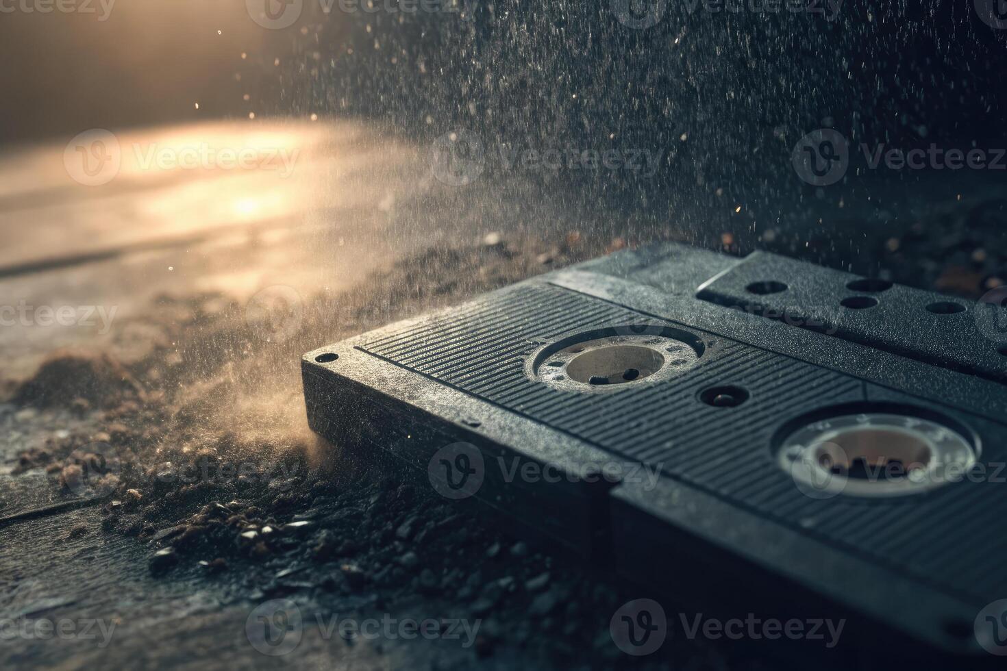 A close-up shot of a dusty cassette tape under warm, atmospheric lighting. photo