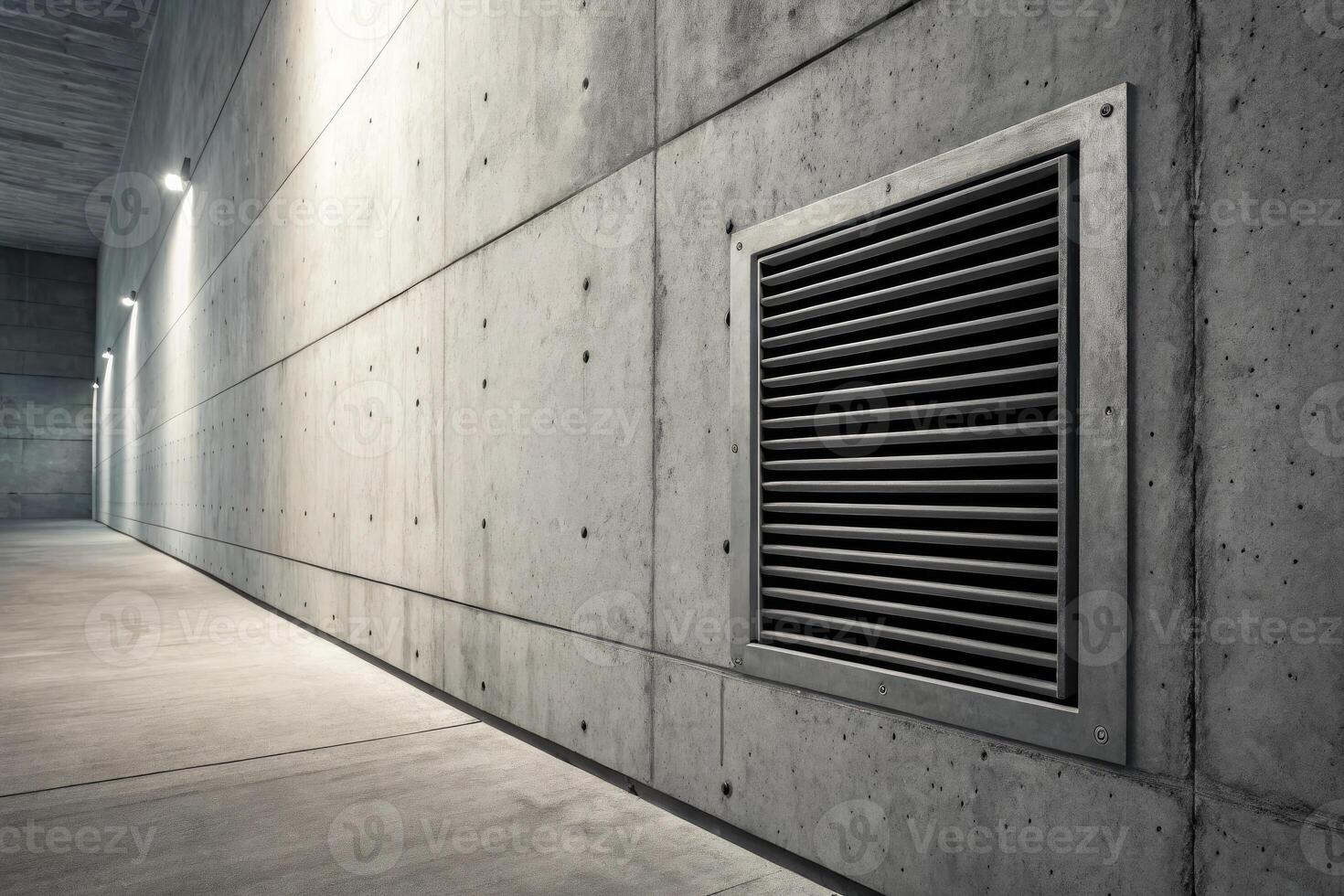 An illuminated concrete hallway with a metallic vent on the textured wall creating depth and contrast. photo