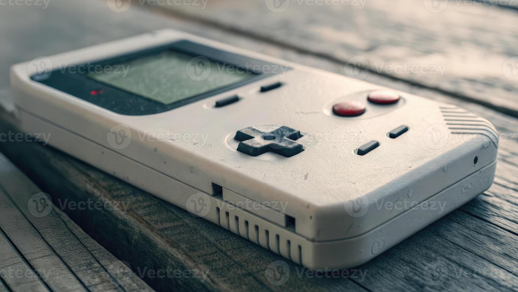 A close-up shot of a classic, handheld Game Boy console on a wooden surface shows detail. photo
