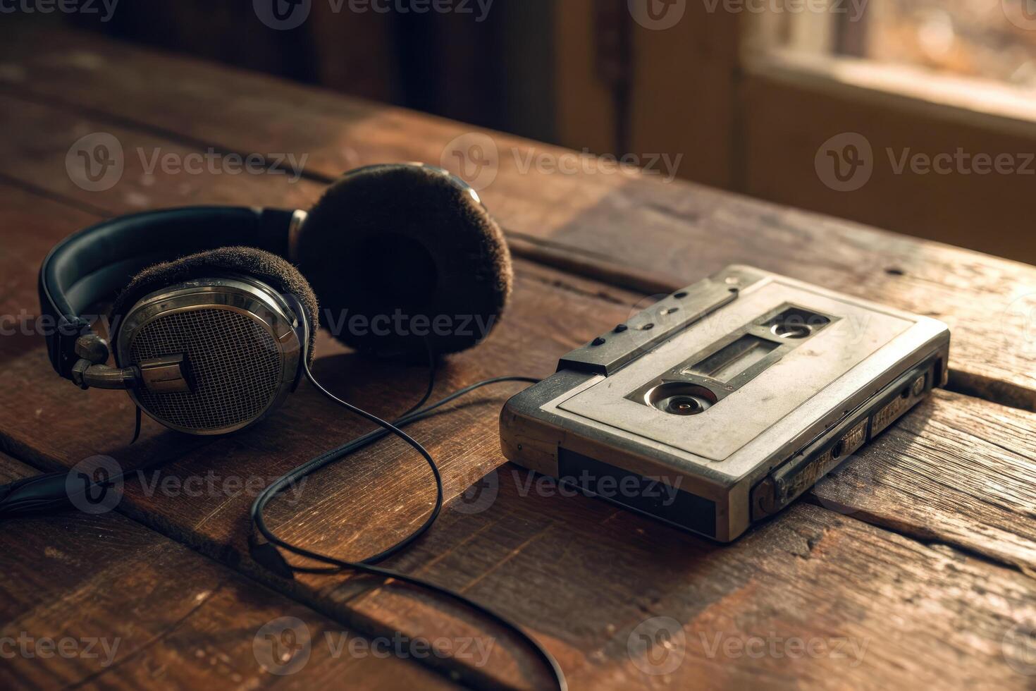 An old cassette player with headphones on a wooden table, ready for music. photo