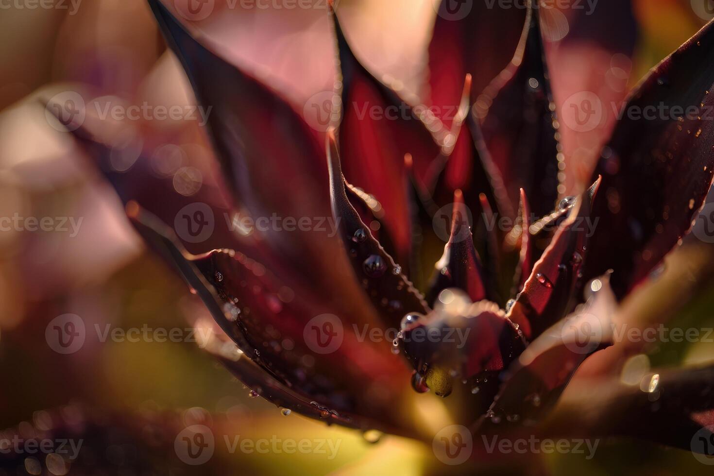 Close up view of a dark succulent with water droplets in soft lighting during sunset photo
