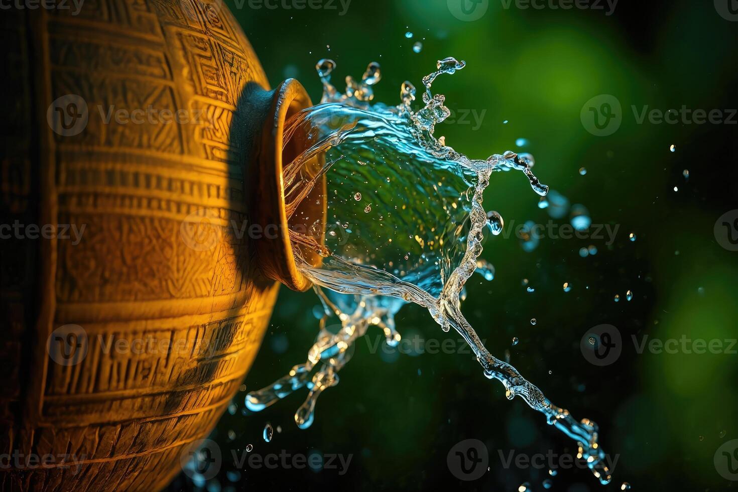 Water splashes from carved pottery creating beautiful patterns in nature photo