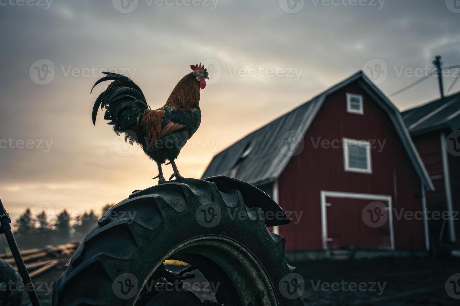 Dramatic low angle shot of rooster on tractor tire at farmhouse in early morning light photo