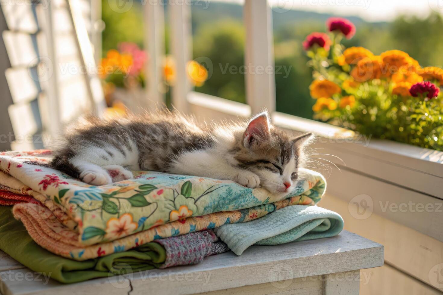 Fluffy kitten sleeping peacefully on warm blankets on a sunny balcony in the afternoon photo