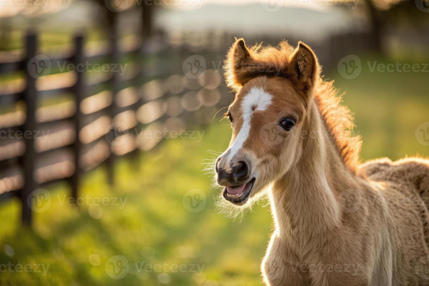 Playful foal with a crooked mane frolicking in a sunlit pasture during golden hour photo