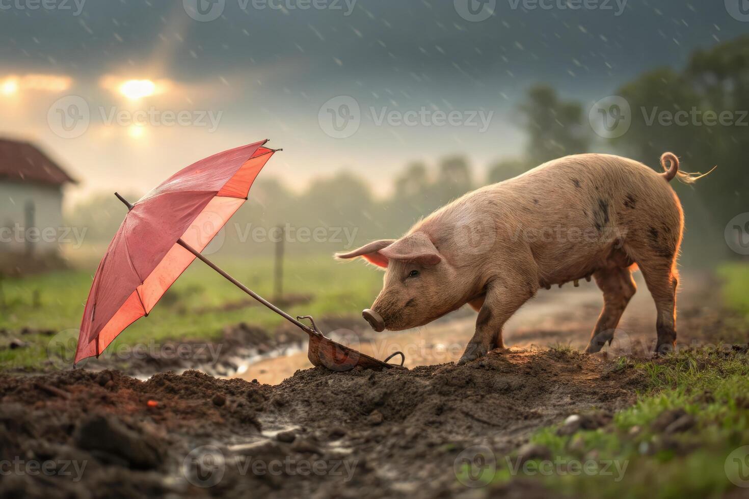 Piglet struggles to drag red umbrella on muddy farm during rain photo