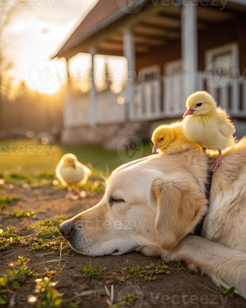 Three baby chicks enjoy a sunny day resting on a sleeping dogs back in a cozy yard photo