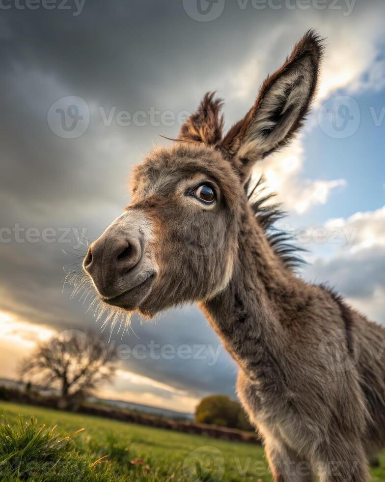 Baby donkey with wide eyed look enjoys a sunny day in the pasture photo