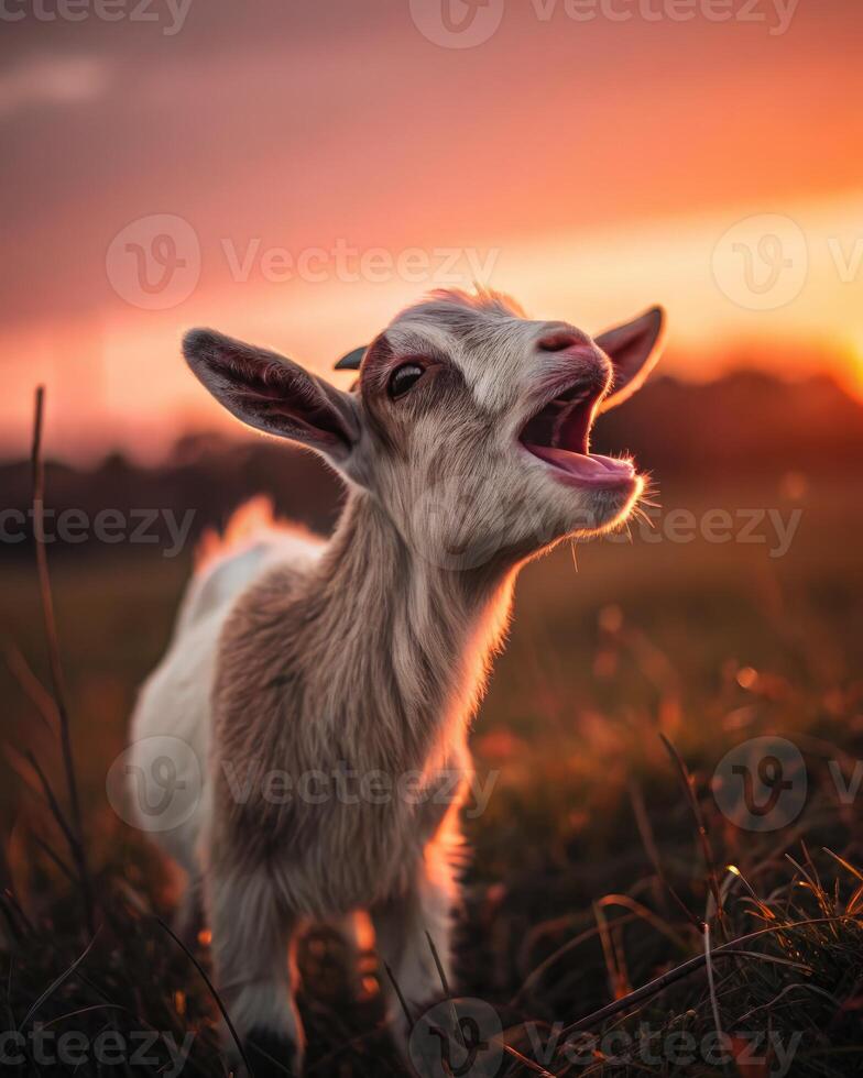 Close up of playful baby goat mid bleat at sunset in a grassy field photo