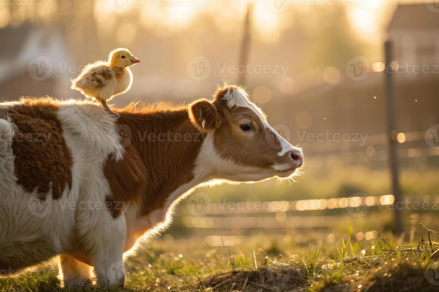 Fluffy duckling enjoys a ride on the back of a calm brown and white cow during sunset photo