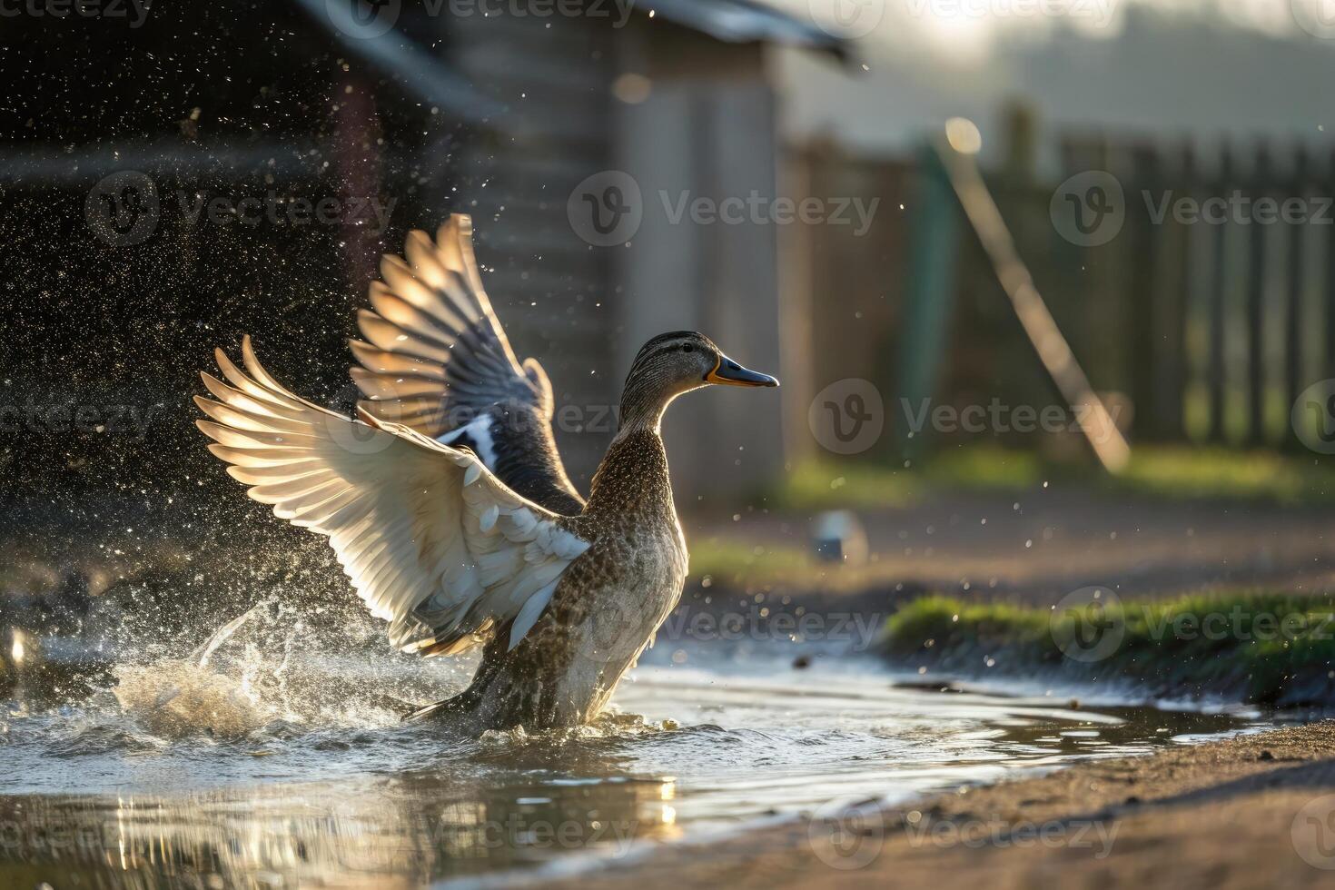 Cinematic close up of duck flapping wings in a tranquil water setting at sunrise photo