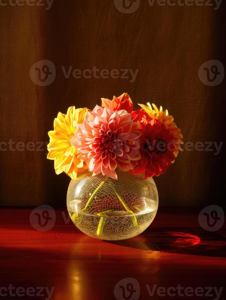 Romantic arrangement of garden flowers in a delicate vase on a wooden table photo