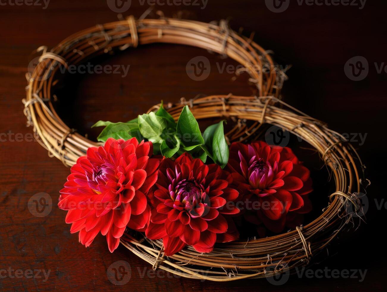 Romantic garden bouquet arrangement featuring vibrant red flowers and natural wreaths photo