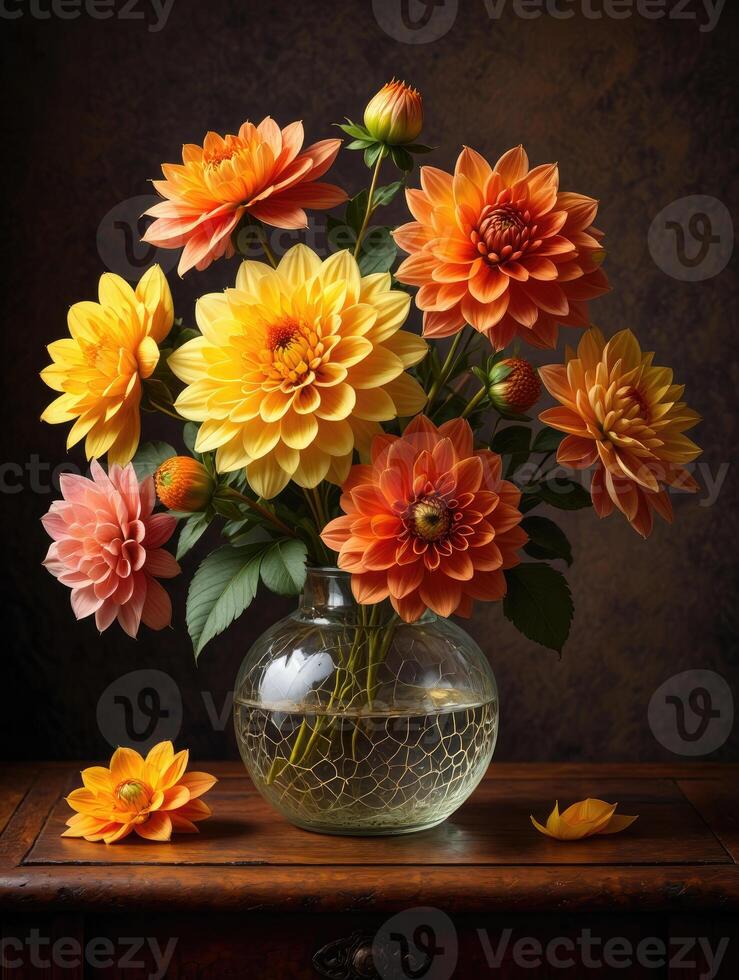 A vase filled with orange and yellow flowers photo
