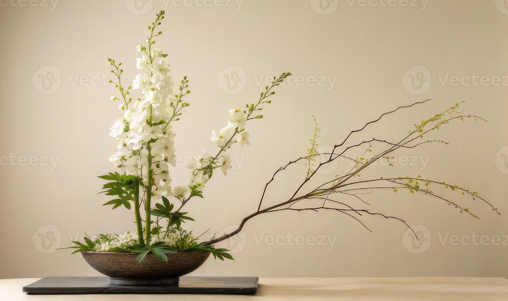A beautiful ikebana arrangement featuring white delphiniums, branches, and greenery in a bowl. photo