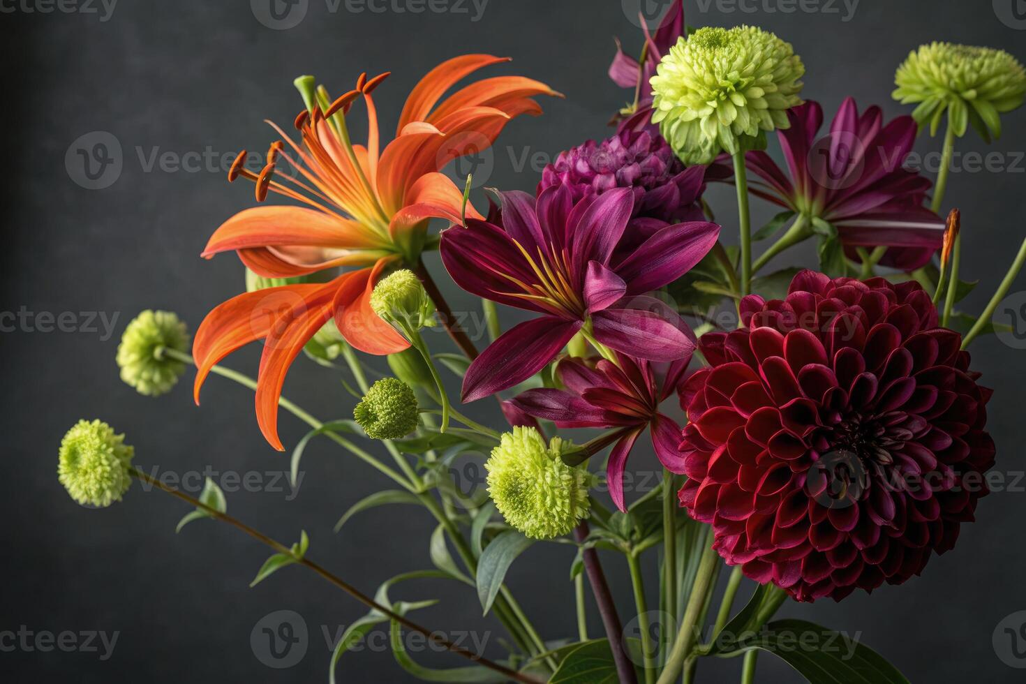 A stunning floral arrangement with a variety of vibrant flowers and colorful blooms. photo