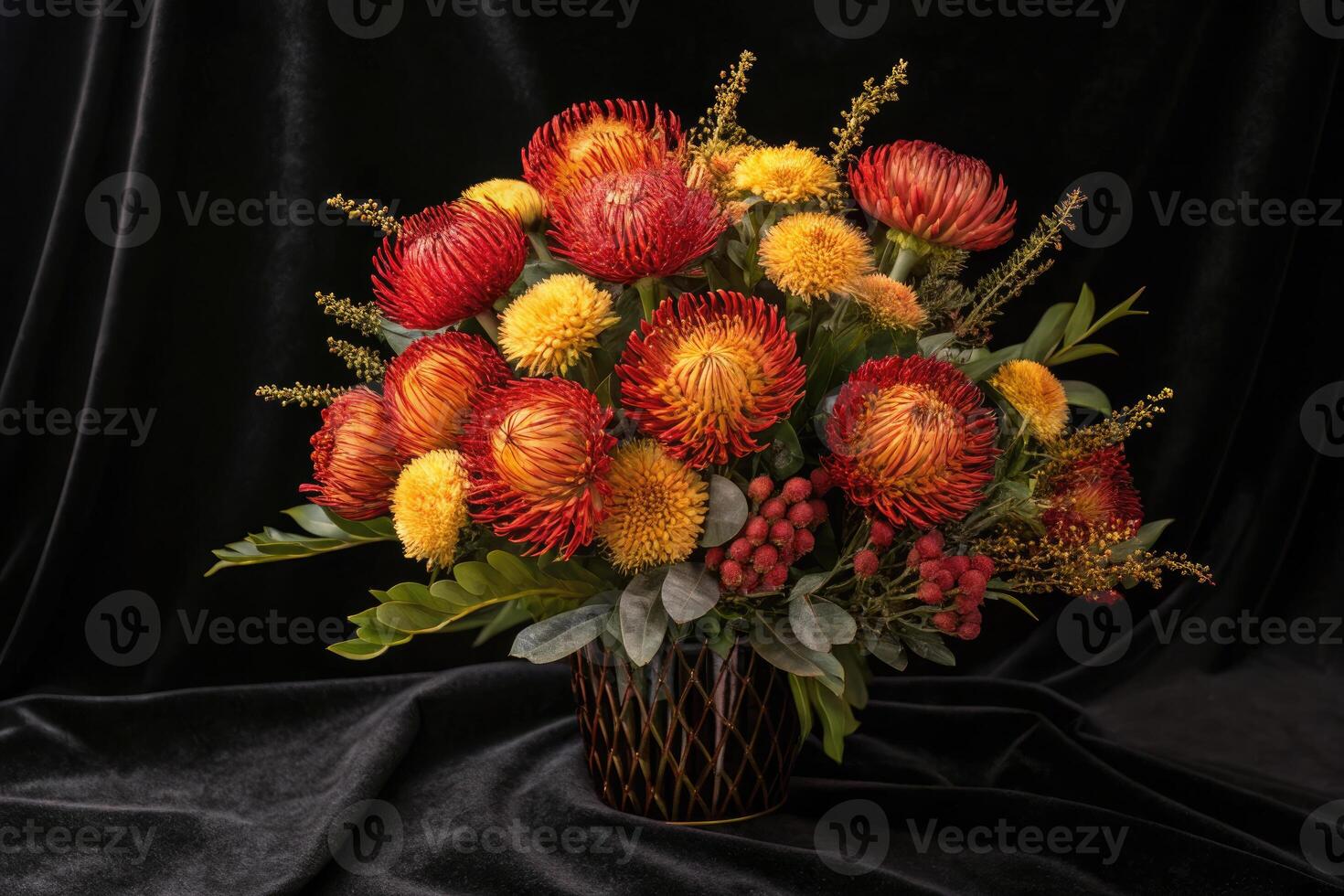 A beautiful floral arrangement of red and yellow protea and chrysanthemums in a vase. photo