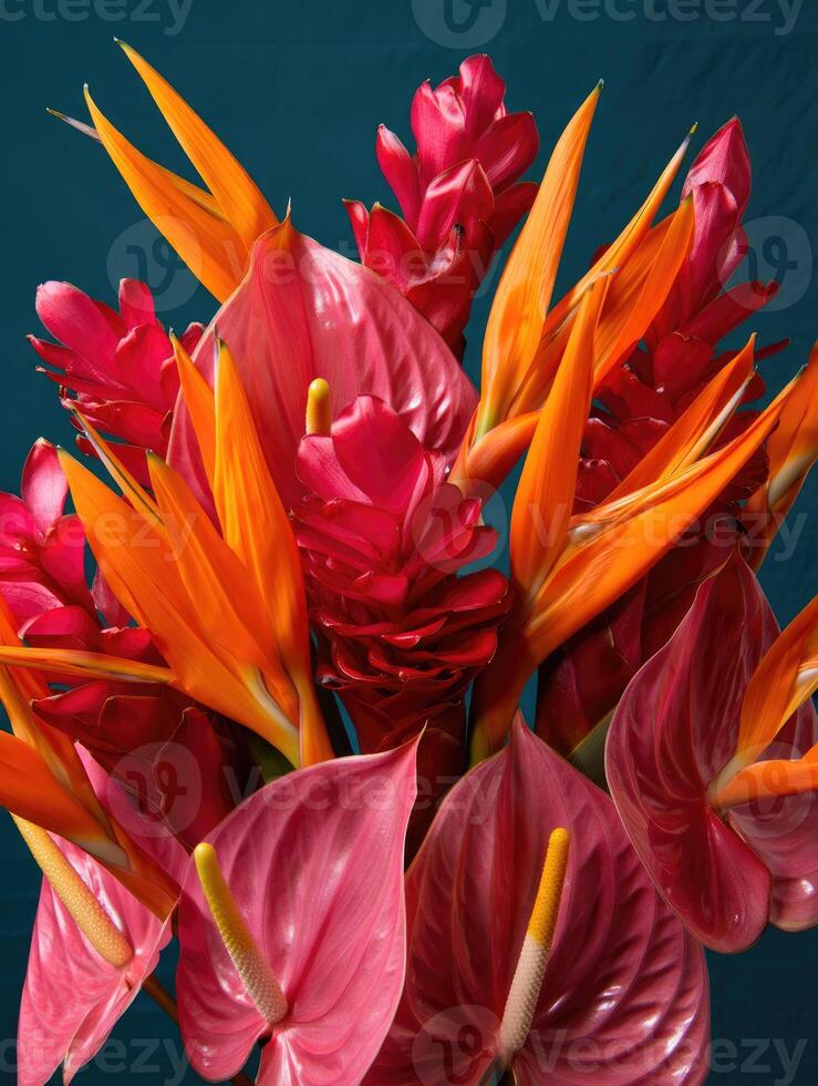 A stunning bouquet of exotic tropical flowers in rich shades of red, orange, and pink. photo