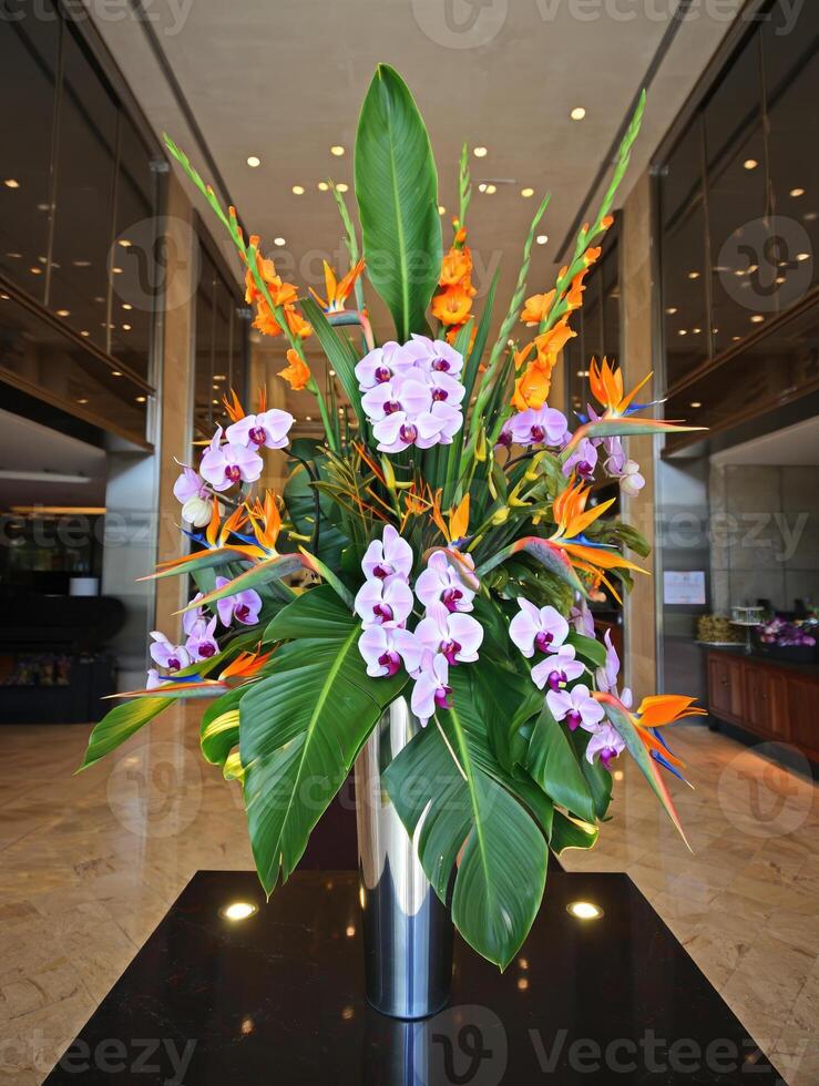 Elegant floral arrangement with orchids and tropical flowers in a stylish modern lobby. photo