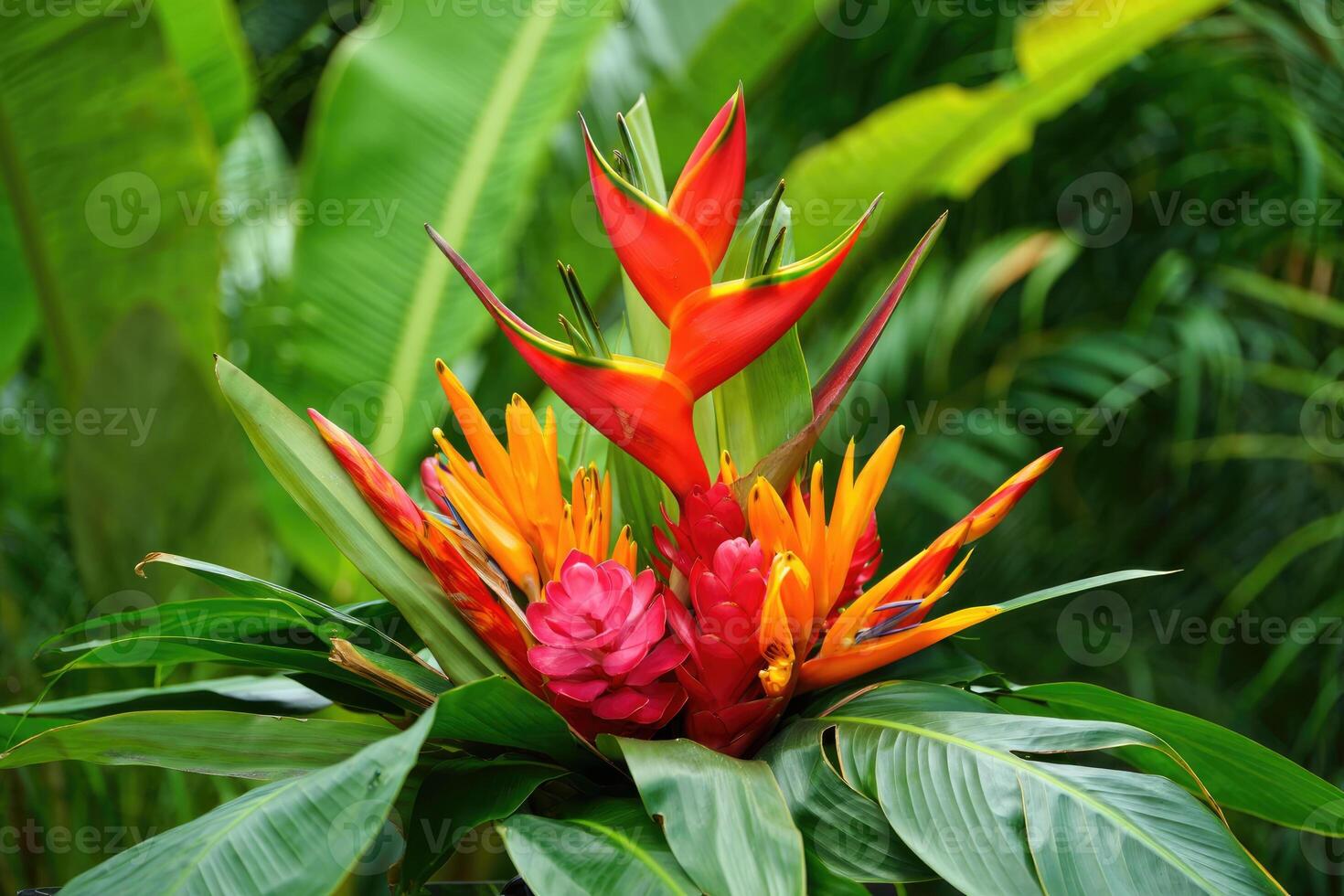 Beautiful composition of vibrant tropical flowers with bright red, orange, and pink colors. photo