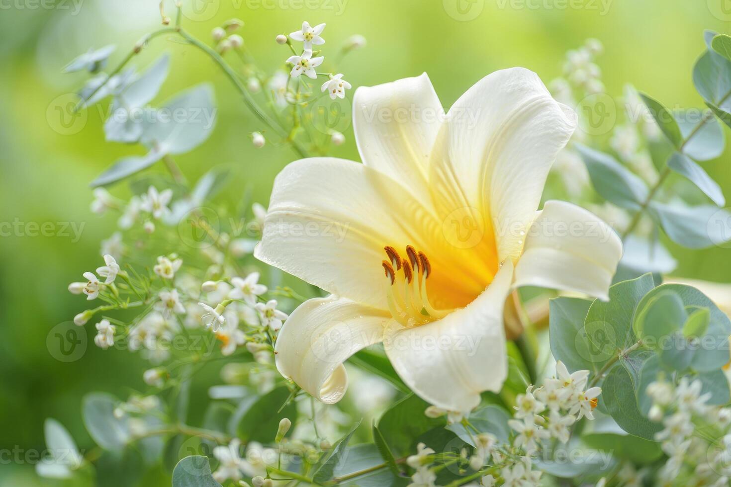 A stunning white lily displays its beauty amid delicate greenery, in a soft, natural setting. photo