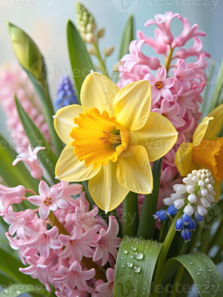 Stunning close-up of a vibrant bouquet of daffodils, hyacinths, and grape hyacinths. photo