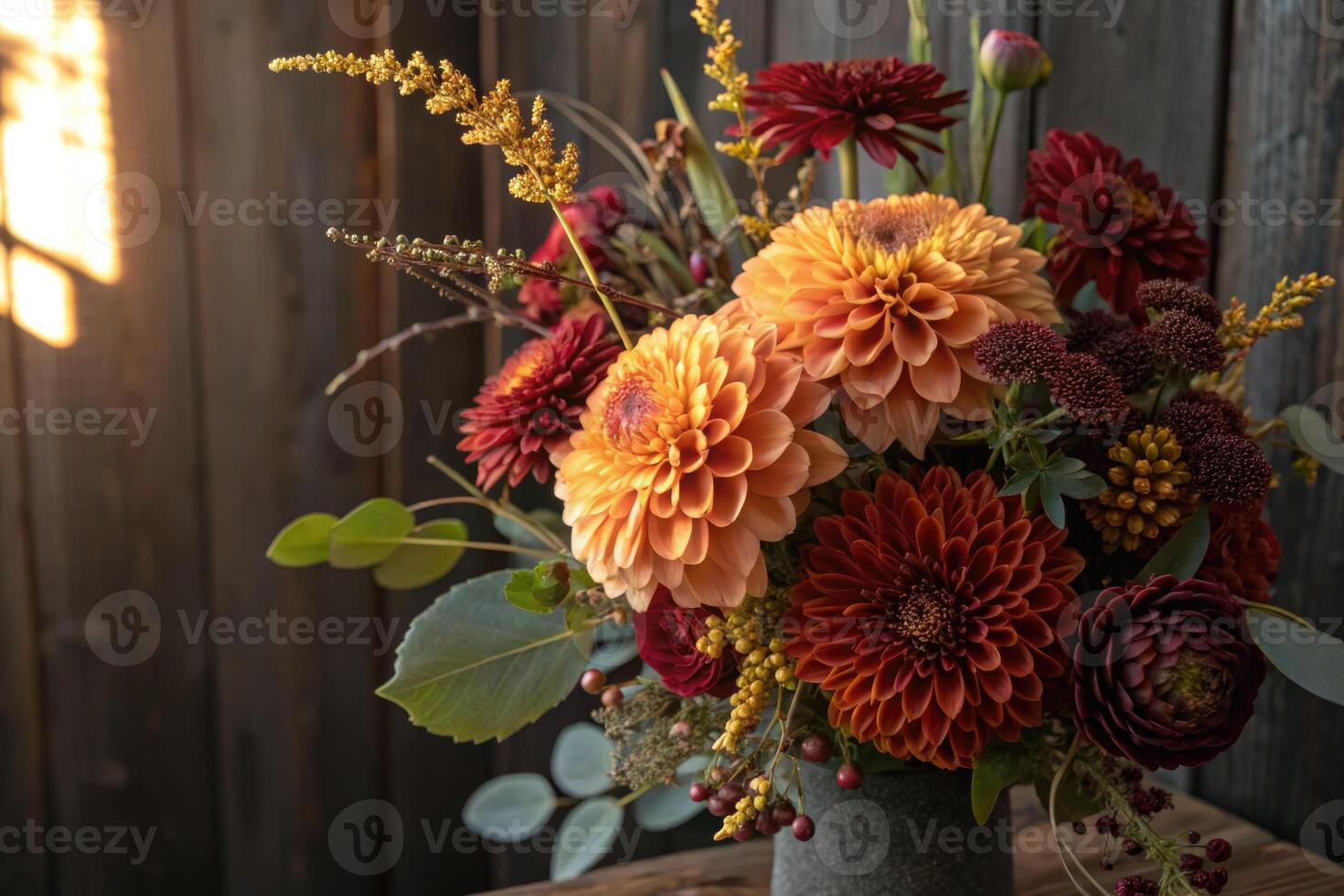 Vibrant autumn dahlia bouquet in a rustic vase, perfect for seasonal decorations and events. photo