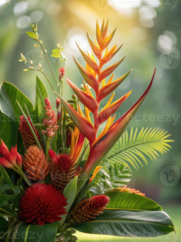 Vibrant tropical flowers in a stunning bouquet, capturing nature's beauty with rich colors. photo