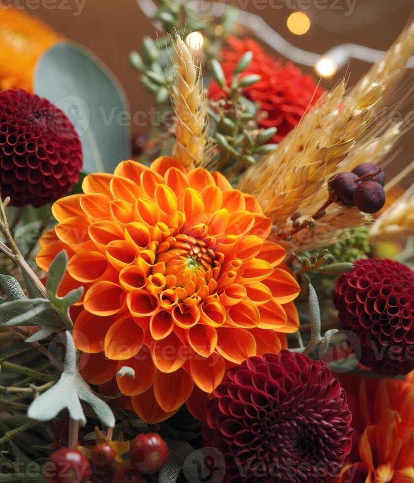 An eye-level, detailed photograph captures an arrangement of colorful dahlias and grains. photo
