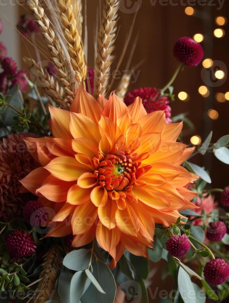 An exquisite orange dahlia and burgundy flowers display with wheat and soft bokeh. photo