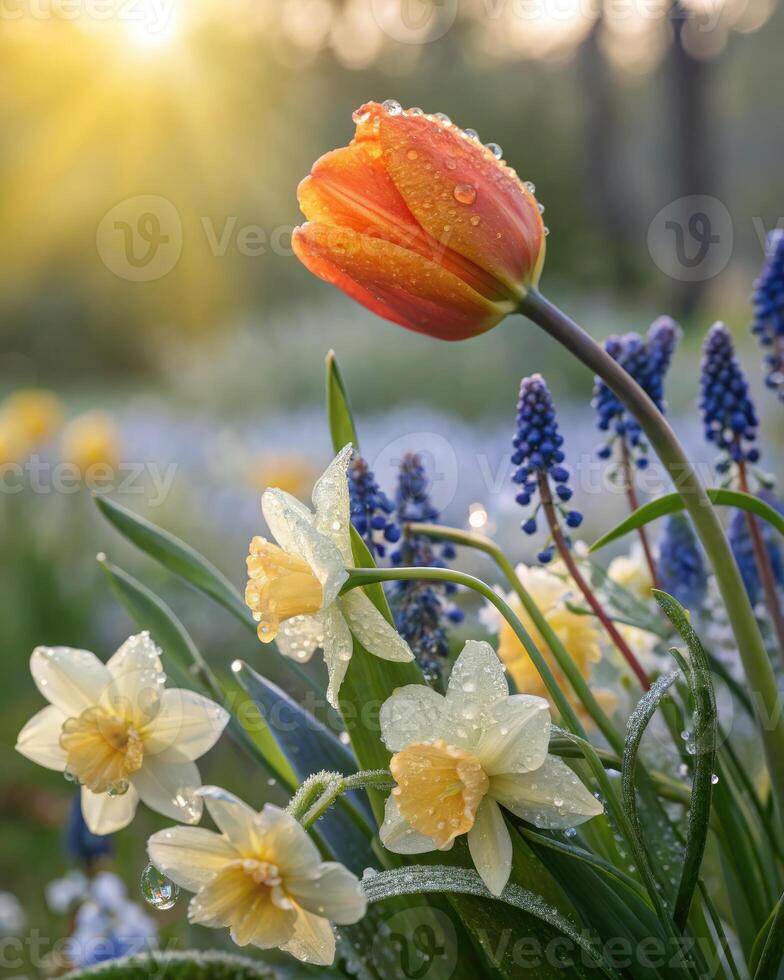 A close-up shot captures a vibrant tulip and daffodils covered in morning dew in spring. photo