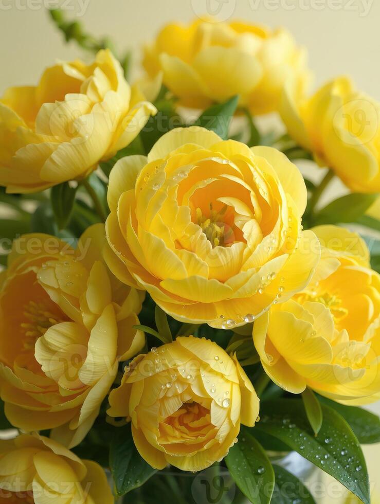 Close-up shot of beautiful yellow peonies, showcasing their vibrant colors and delicate petals. photo